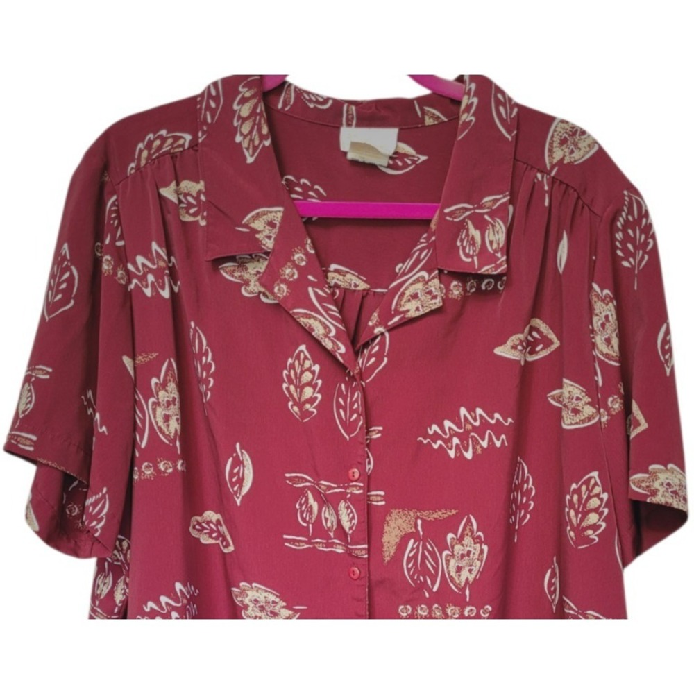 Roaman's Women's 2X Burgundy Floral Buttonβ Front Collared Short Sleeve Blouse